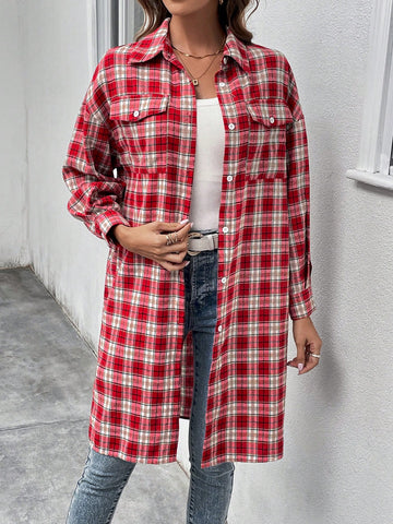 Plaid Print Drop Shoulder Flap Pocket Shirt Dress