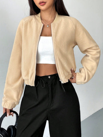 Zip Up Raglan Sleeve Crop Fleece Bomber Jacket