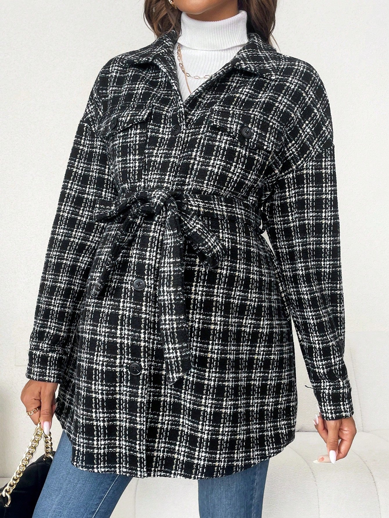 Maternity Plaid Print Drop Shoulder Belted Coat