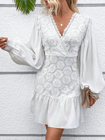 Contrast Lace Lantern Sleeve Ruffle Hem Dress