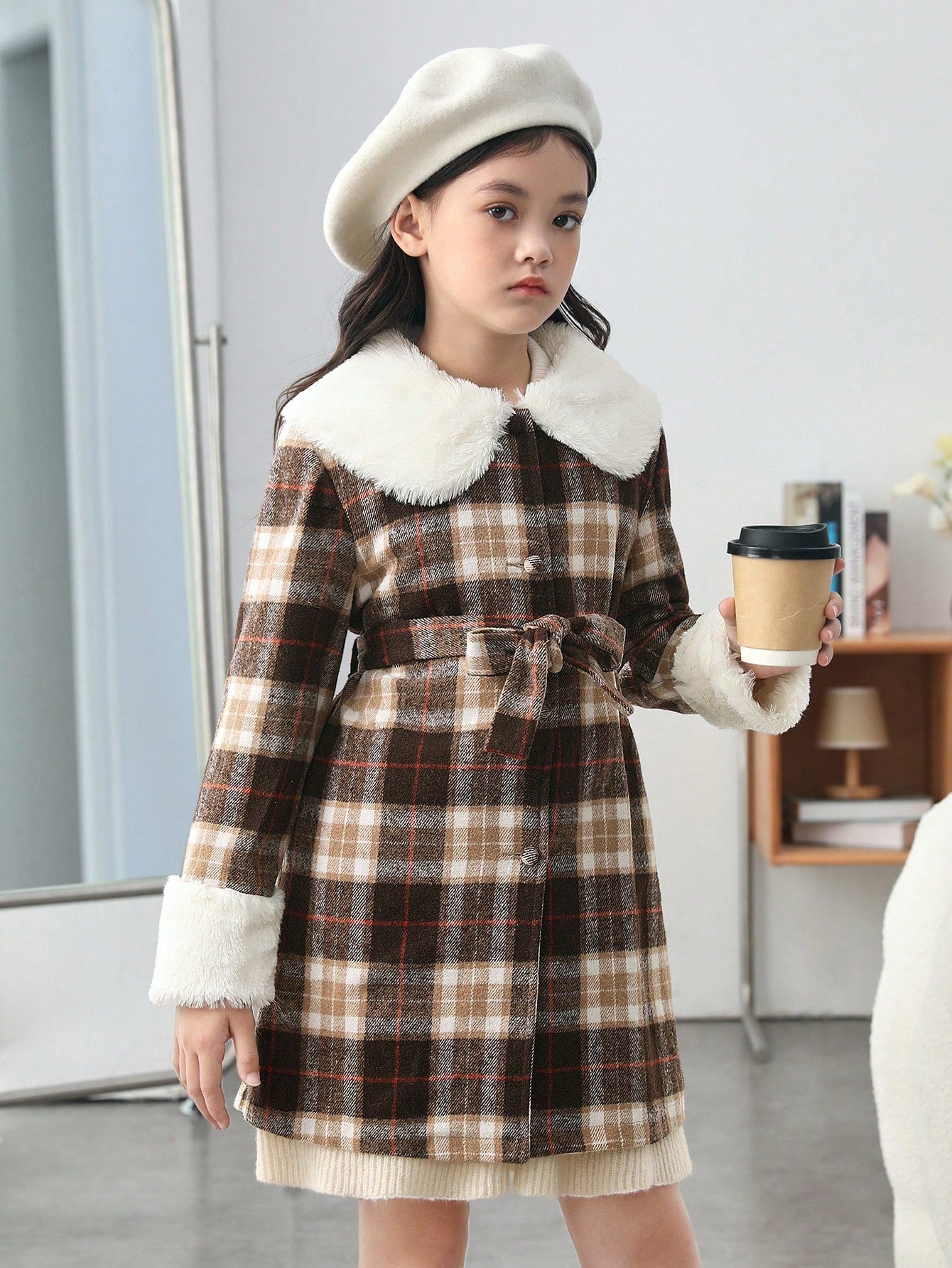 Tween Girl 1pc Plaid Print Borg Collar Belted Overcoat