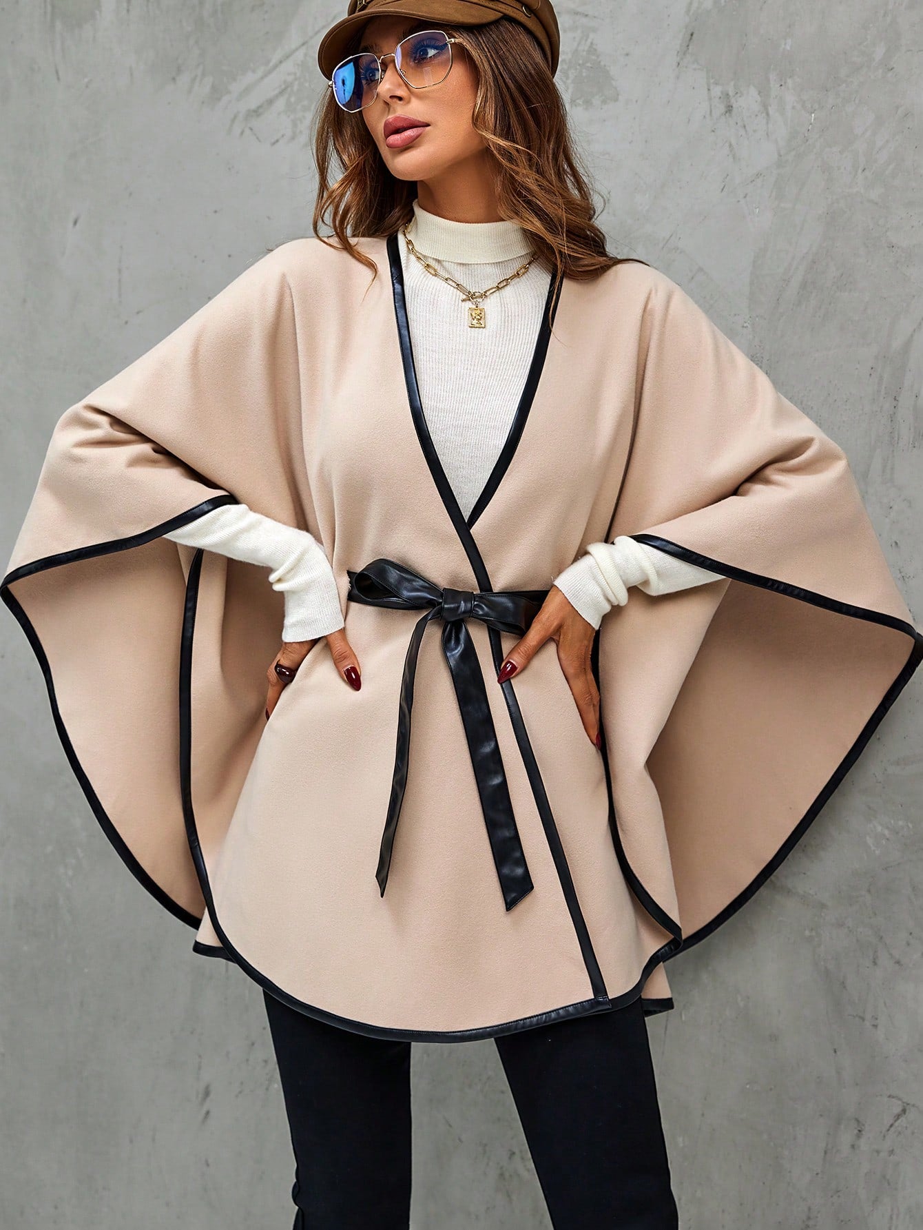 Contrast Binding Batwing Sleeve Belted Overcoat