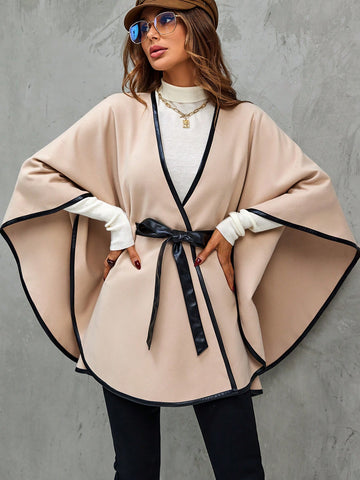 Contrast Binding Batwing Sleeve Belted Overcoat