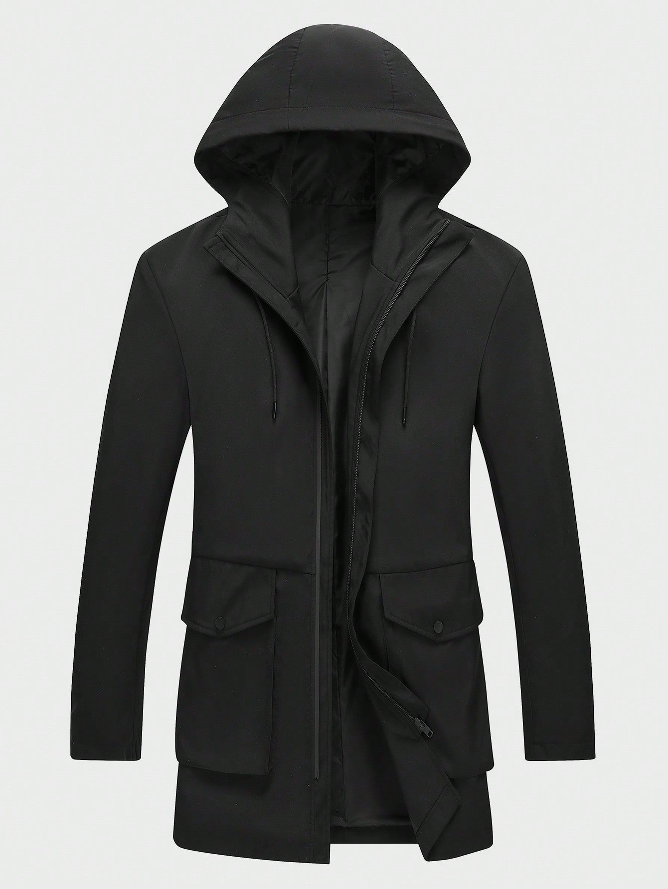 Men Flap Pocket Drawstring Hooded Trench Coat