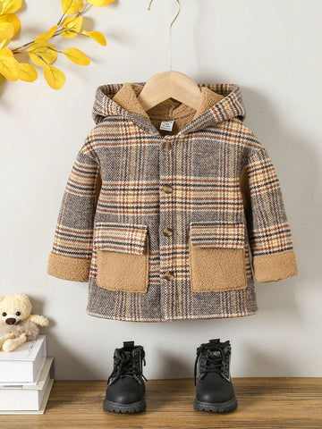 Baby Boy Plaid Print Teddy Lined Hooded Overcoat