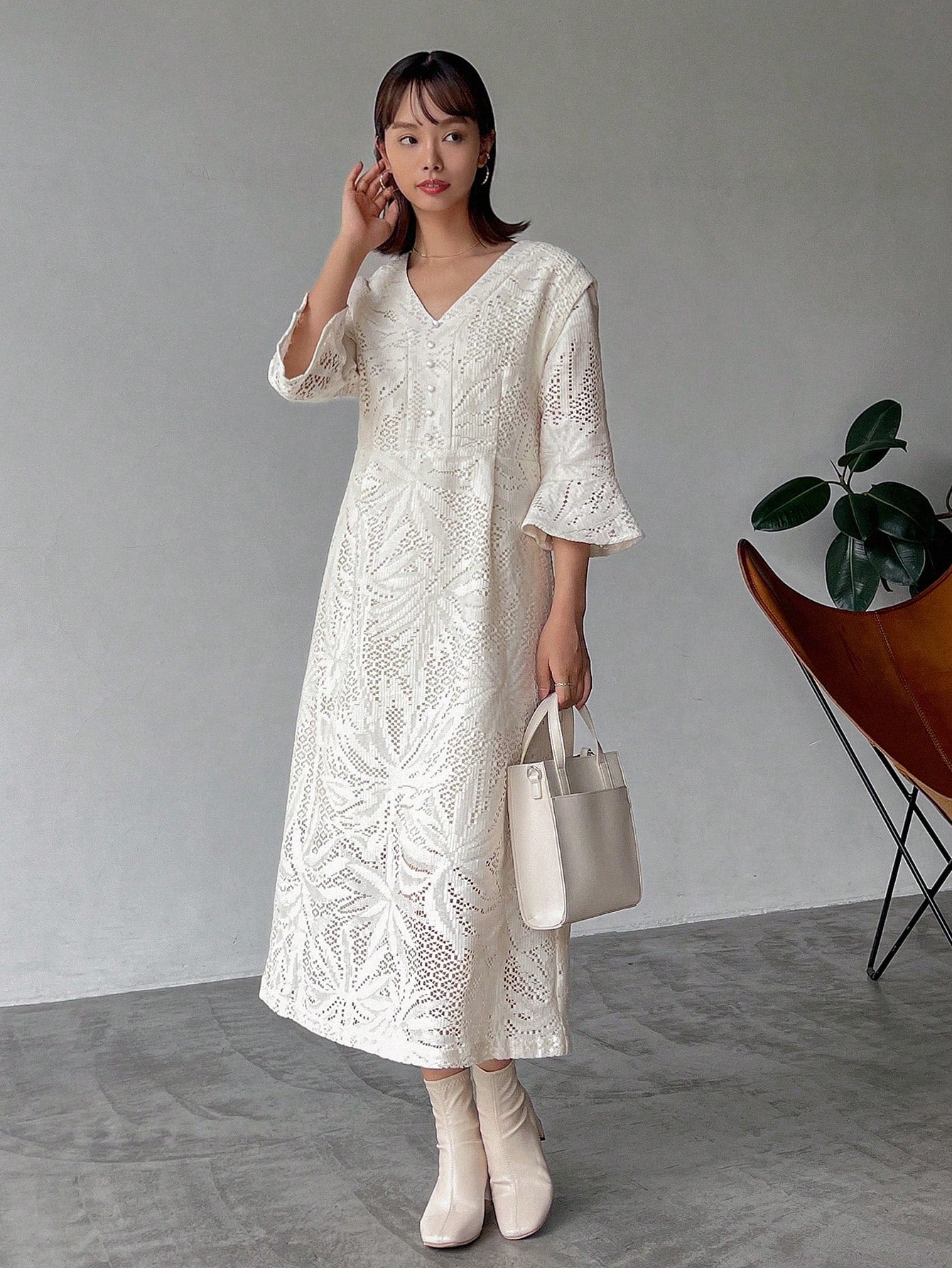 Floral Jacquard Flounce Sleeve Dress