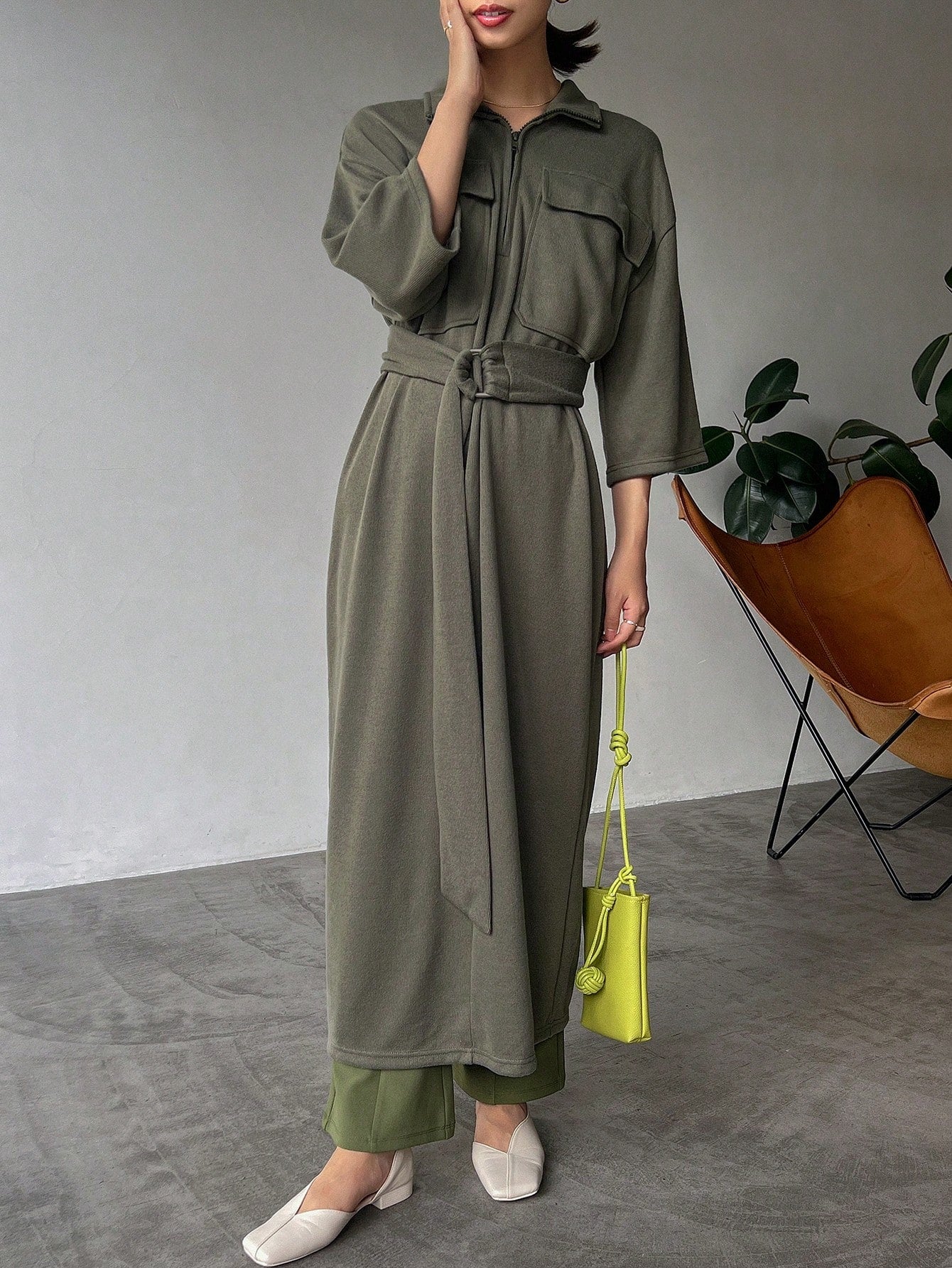 Flap Pocket Drop Shoulder Belted Shirt Dress