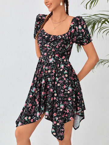 Floral Print Hanky Hem Dress