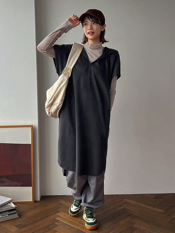 Solid Zip Front Hooded Dress Without Tee