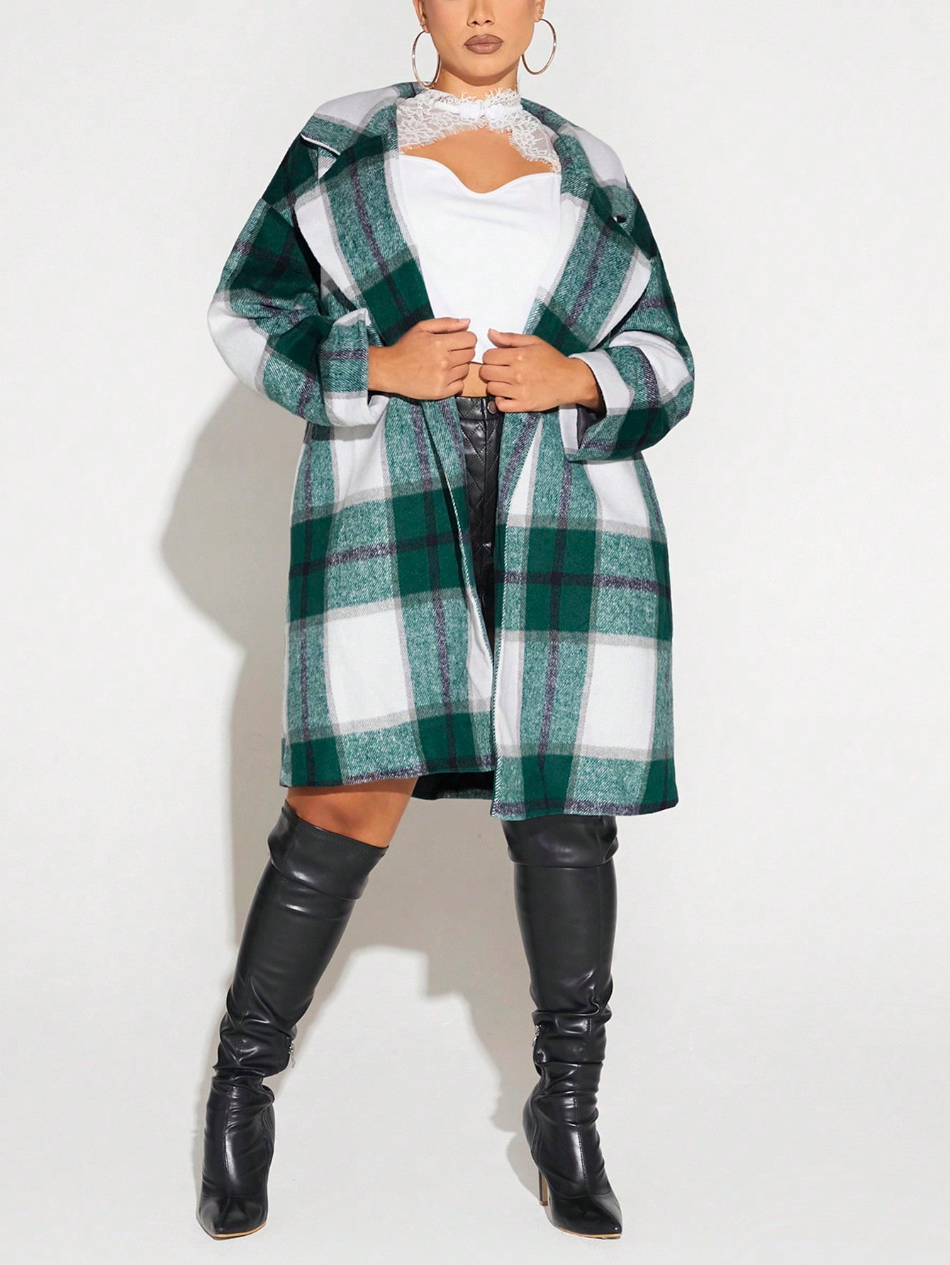 Plus Plaid Print Drop Shoulder Overcoat