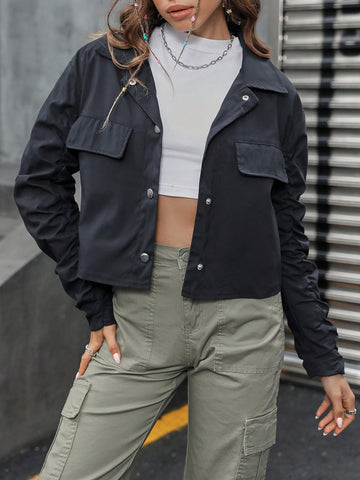 Flap Detail Ruched Sleeve Crop Jacket