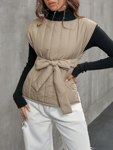 Solid Belted Vest Padded Coat