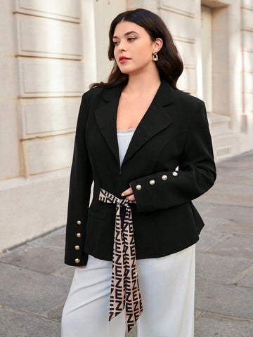 Plus Lapel Neck Button Detail Belted Blazer