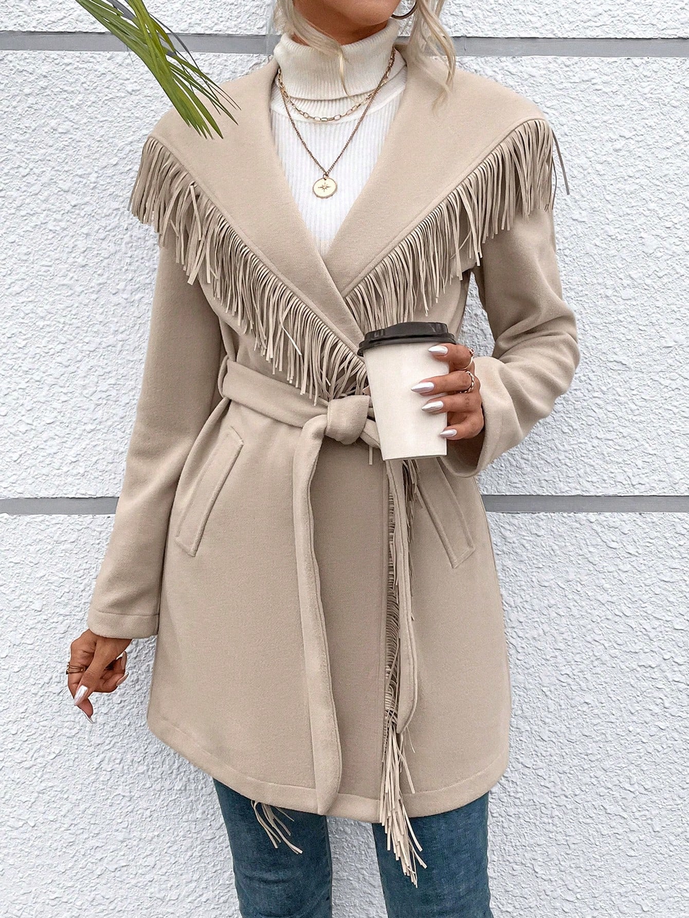 Fringe Trim Waterfall Collar Belted Overcoat