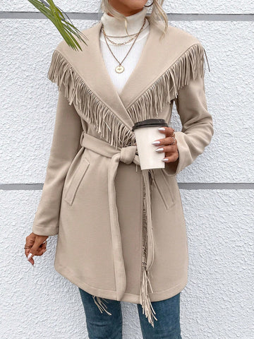 Fringe Trim Waterfall Collar Belted Overcoat