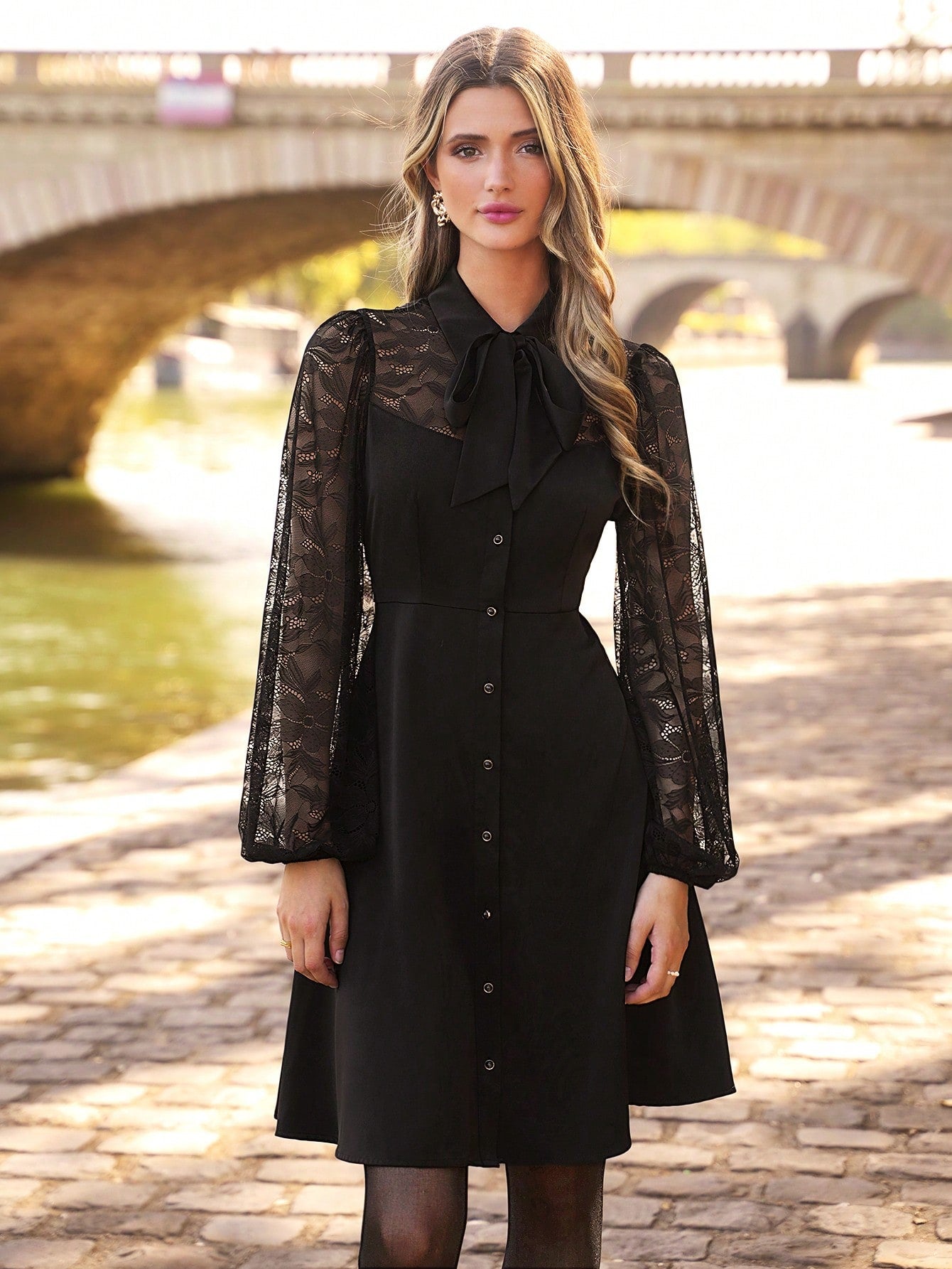 Tie Neck Lace Lantern Sleeve Button Front Dress