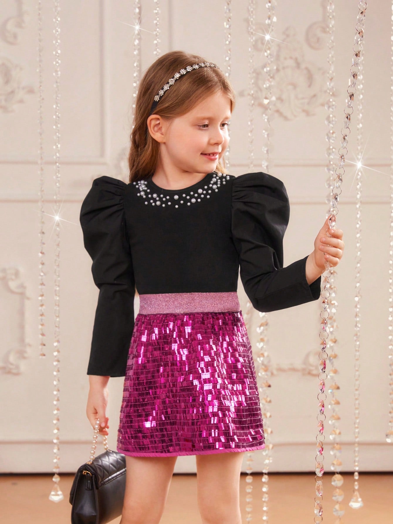 Young Girl Gigot Sleeve Pearls Beaded Tee & Skirt