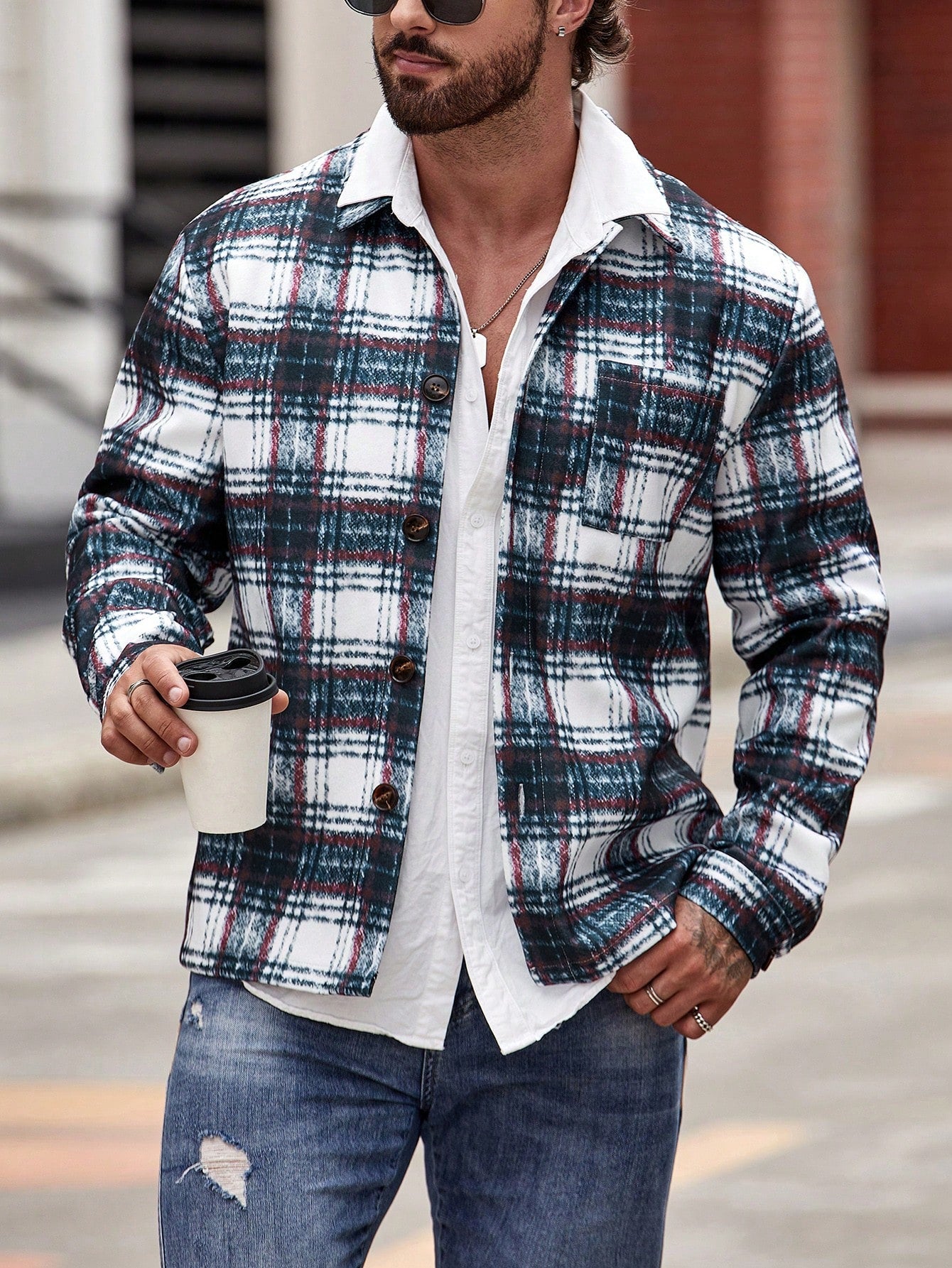 Men Plaid Print Pocket Patched Overcoat