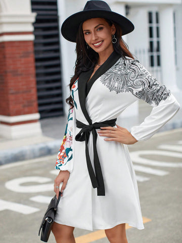 Floral Print Shawl Collar Belted Dress