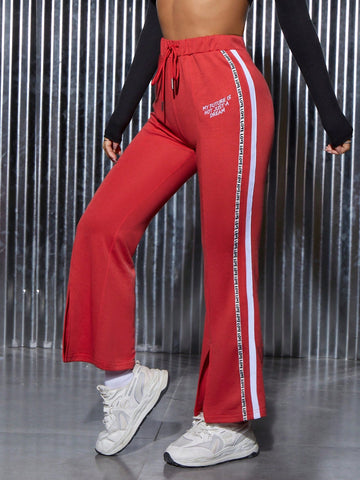 Letter Graphic Contrast Tape Side Split Hem Drawstring Waist Flare Leg Sweatpants