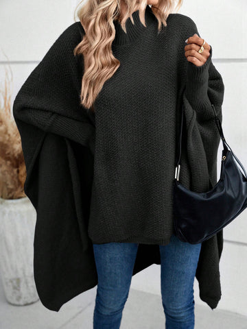 Mock Neck Batwing Sleeve High Low Hem Sweater