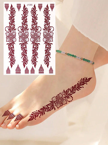 1 Sheet Flower Pattern Tattoo Sticker for Hand, Disposable Waterproof Temporary Tattoos Women, Brown Fake Tattoo for Foot, Body Sticker For Party & Festival & Holiday