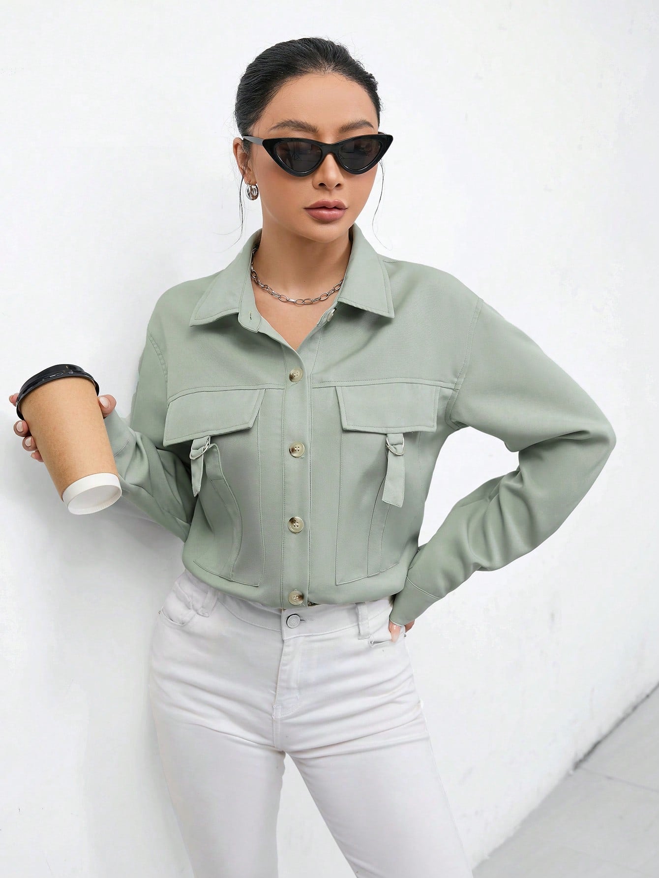 Flap Pocket Buckle Detail Button Front Shirt