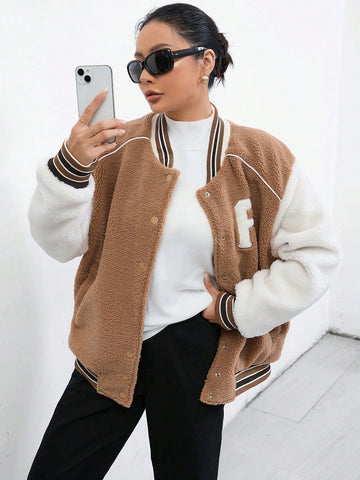 Letter Patched Striped Trim Drop Shoulder Teddy Varsity Jacket