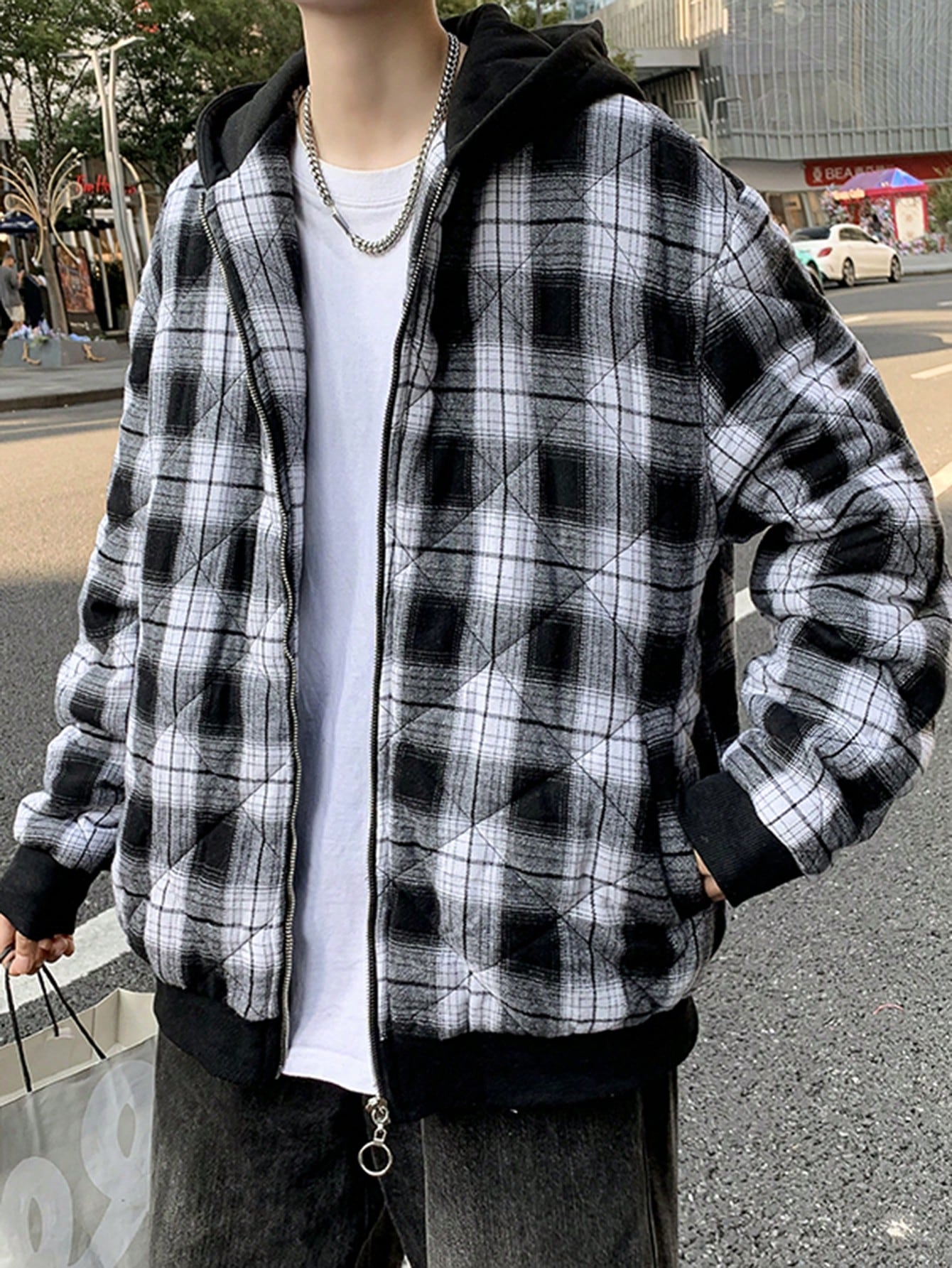 Men Plaid Print Zip Up Drawstring Hooded Winter Coat