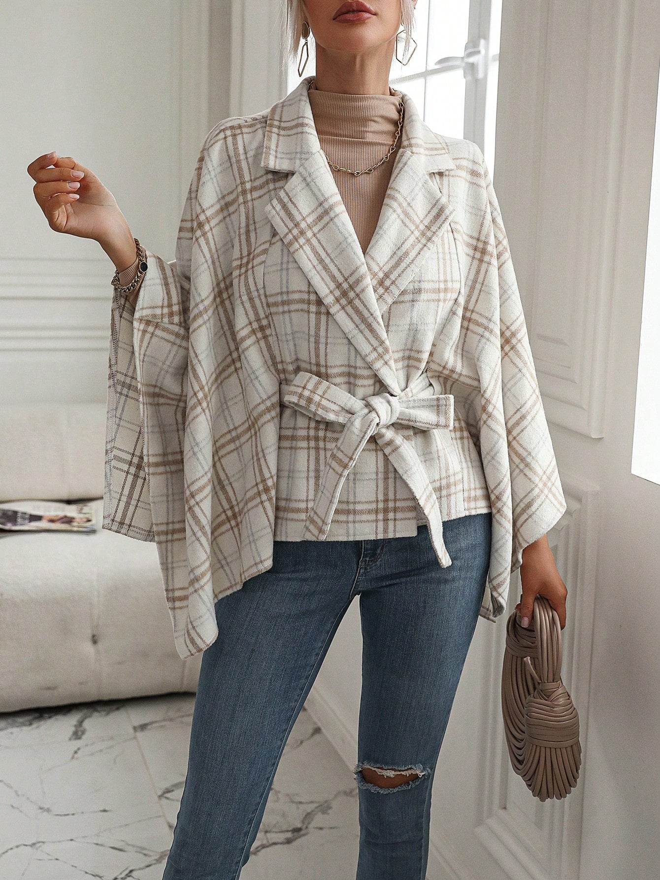 Plaid Print Batwing Sleeve Belted Cape Overcoat