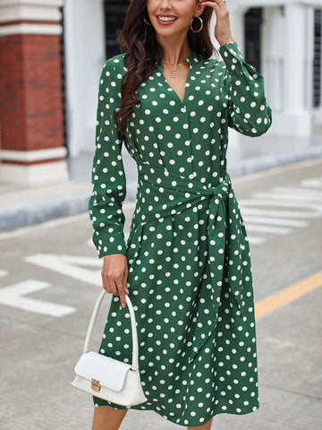 Polka Dot Print Belted Dress