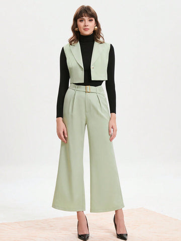 Solid Vest Blazer & Belted Wide Leg Pants