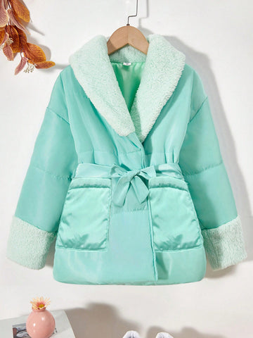 Tween Girl Borg Collar Drawstring Waist Drop Shoulder Belted Puffer Coat