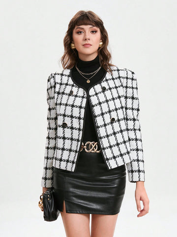 Plaid Pattern Double Breasted Tweed Overcoat