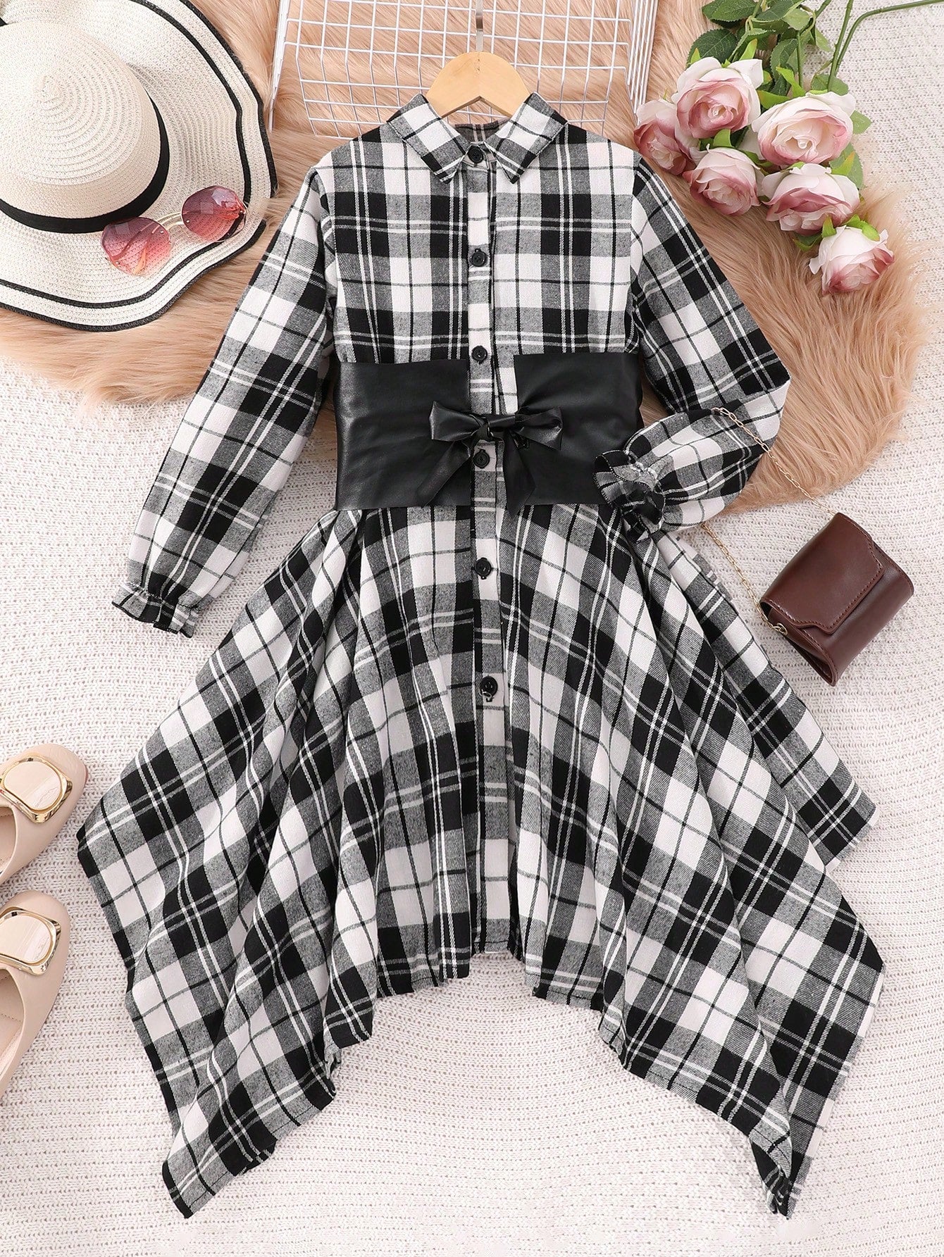 Tween Girl Plaid Print Asymmetrical Hem Shirt Dress