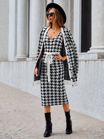 Houndstooth Print Belted Dress & Button Front Coat