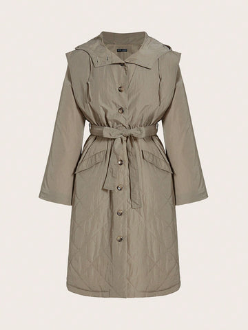 Flap Pocket Belted Quilted Winter Coat