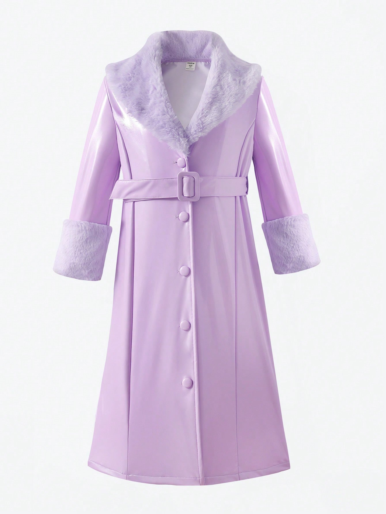 Young Girl Fuzzy Collar Belted PU Leather Coat