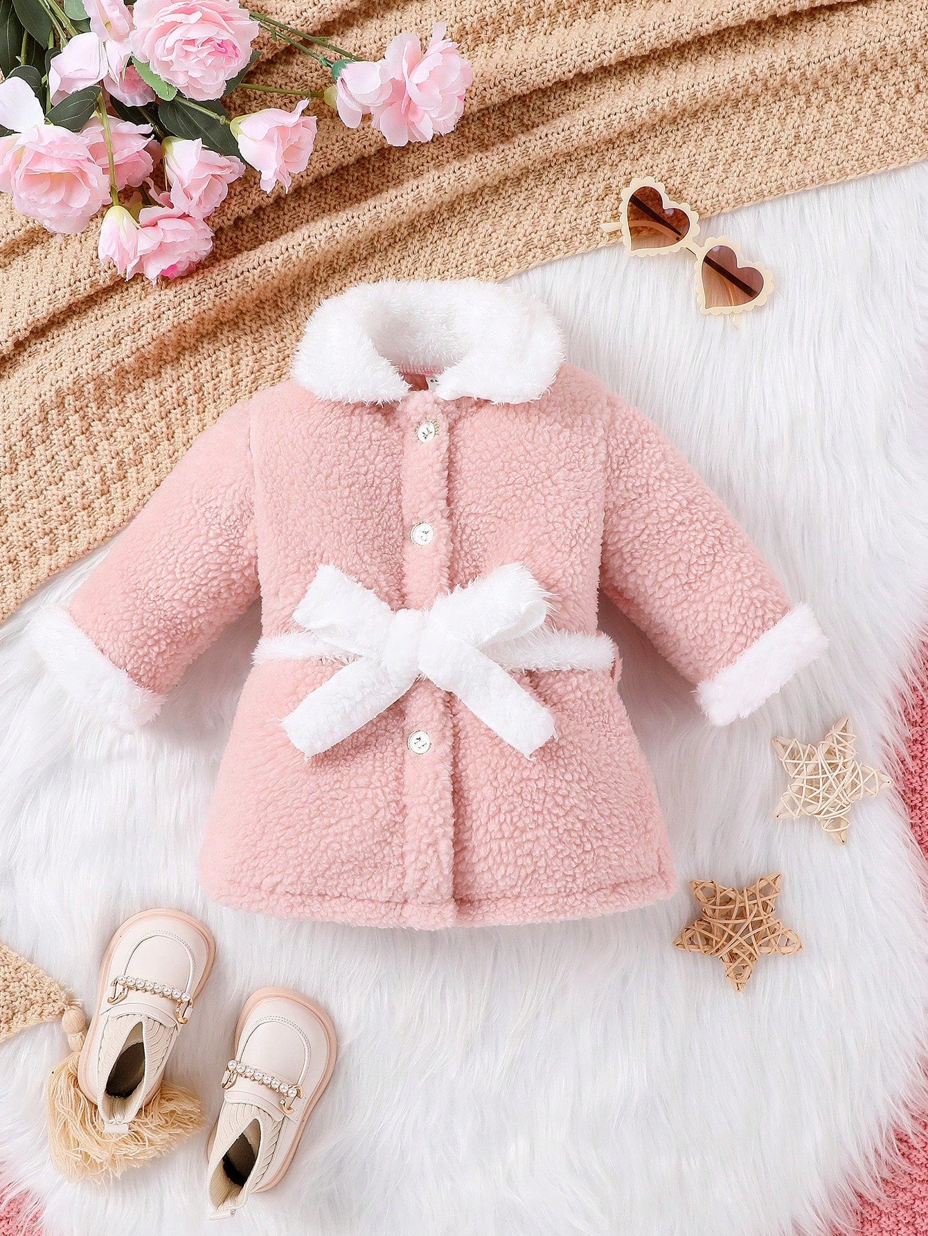 Baby Girl Contrast Borg Collar Belted Teddy Coat