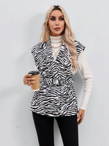 Zebra Striped Print Belted Vest Blazer