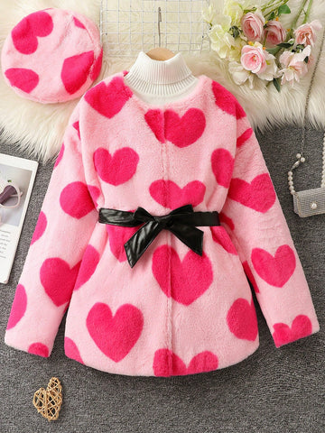 Tween Girl Heart Pattern Belted Coat & Hat Without Sweater