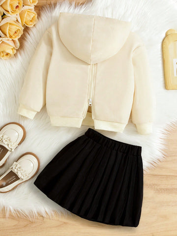 Young Girl 2pcs Casual Hooded Long Sleeve Sweatshirt With Back Zipper And Cute Pleated Skirt, Suitable For Vacation, Birthday, Party, Festival Autumn