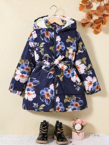 Tween Girl Floral Print Thermal Hooded Belted Puffer Coat