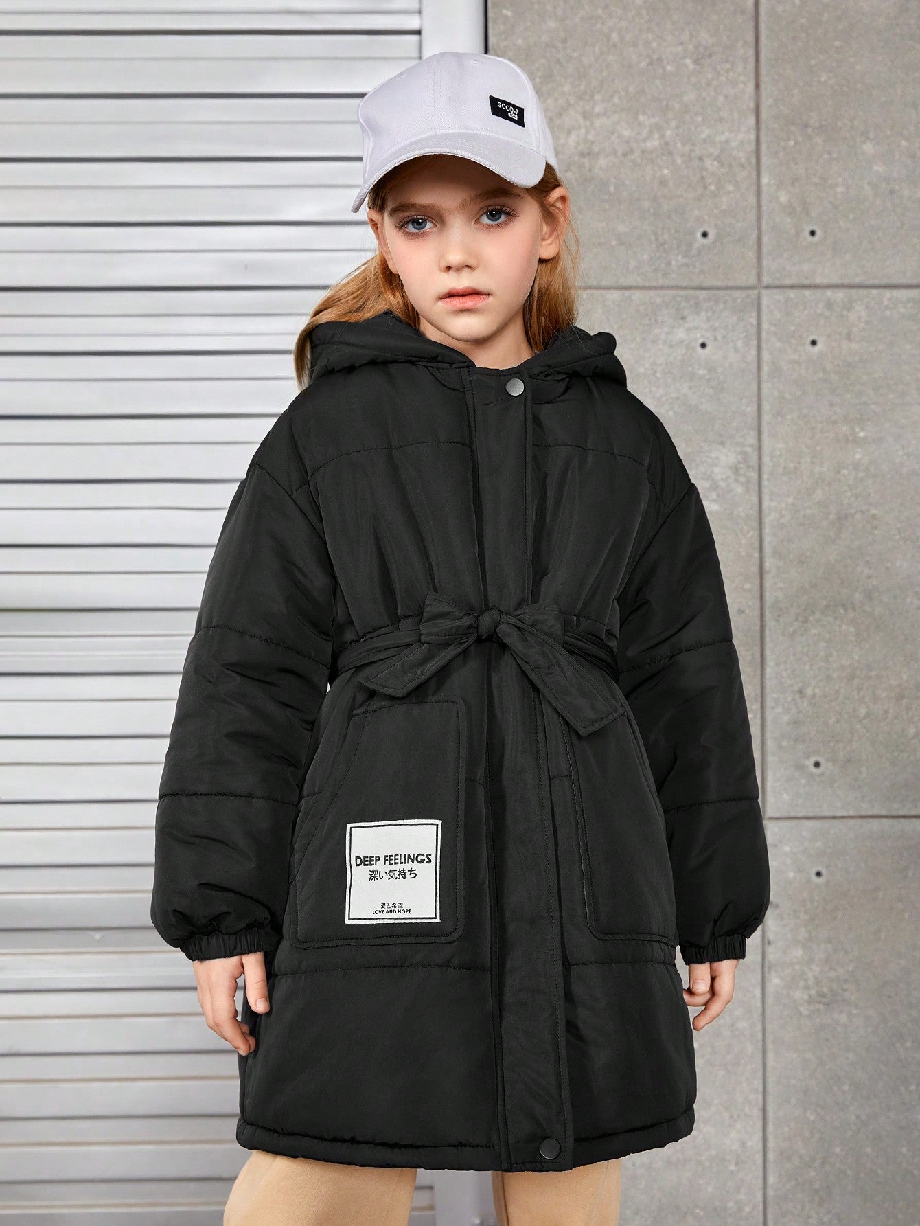 Tween Girl Letter Patched Drop Shoulder Hooded Belted Puffer Coat