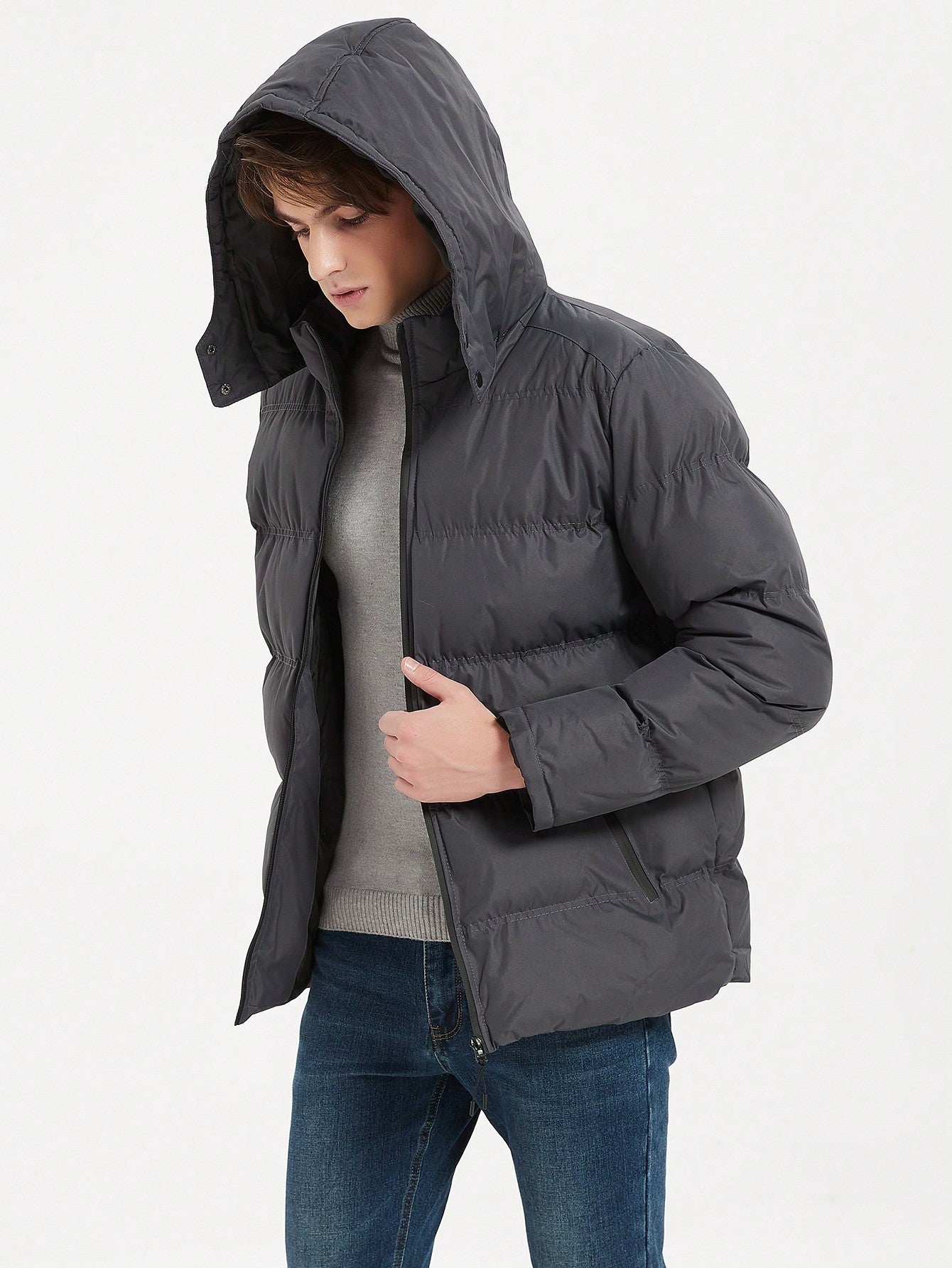 Men Zip Up Hooded Puffer Coat