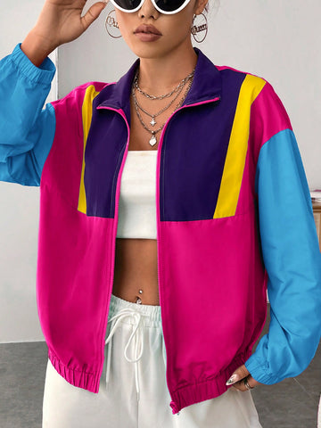 Colorblock Zip Up Drop Shoulder Jacket