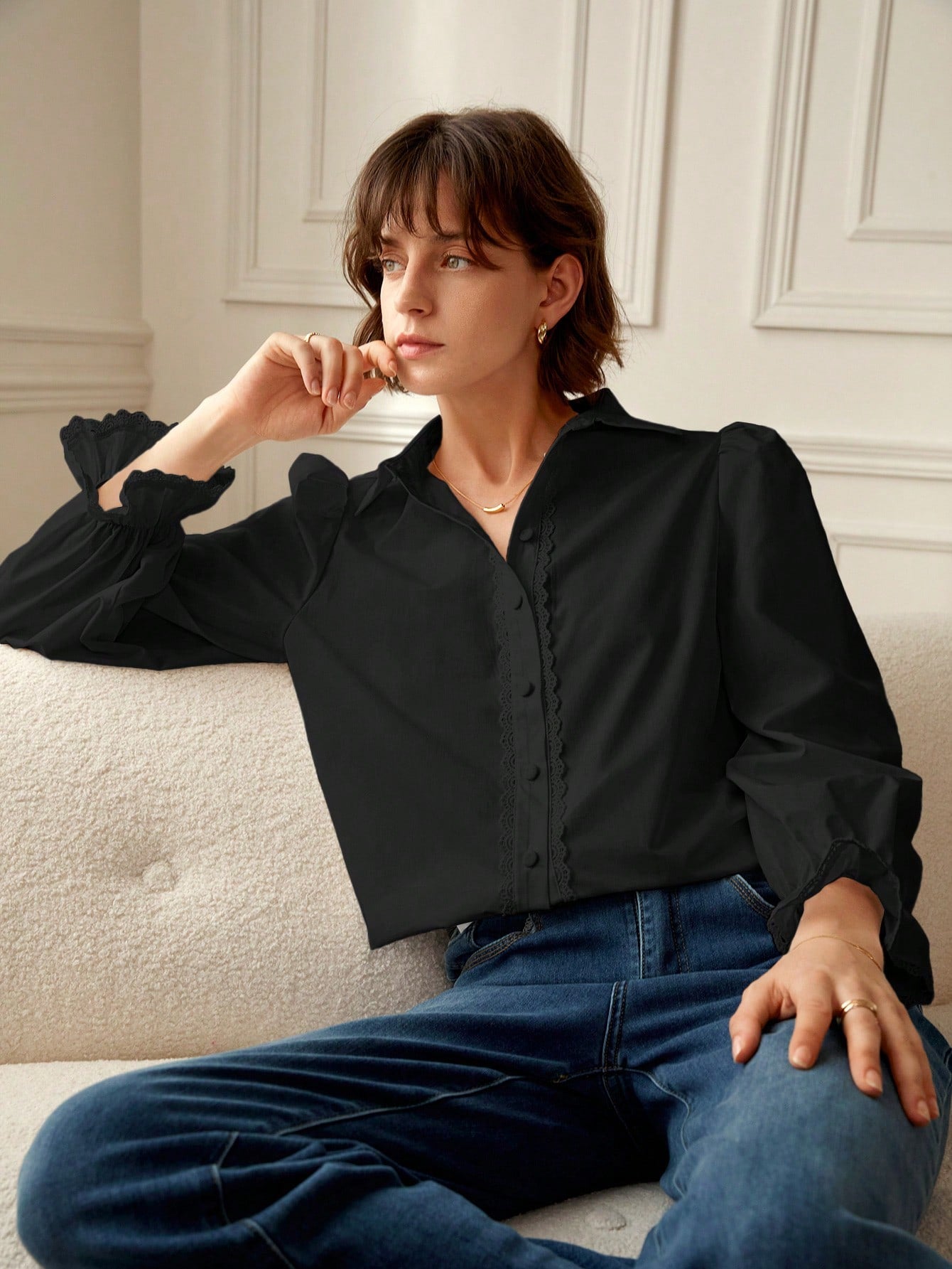 Solid Knot Cuff Button Front Shirt