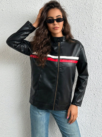 Striped Trim PU Leather Jacket