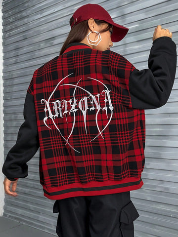 Plaid & Letter Graphic Drop Shoulder Two Tone Jacket