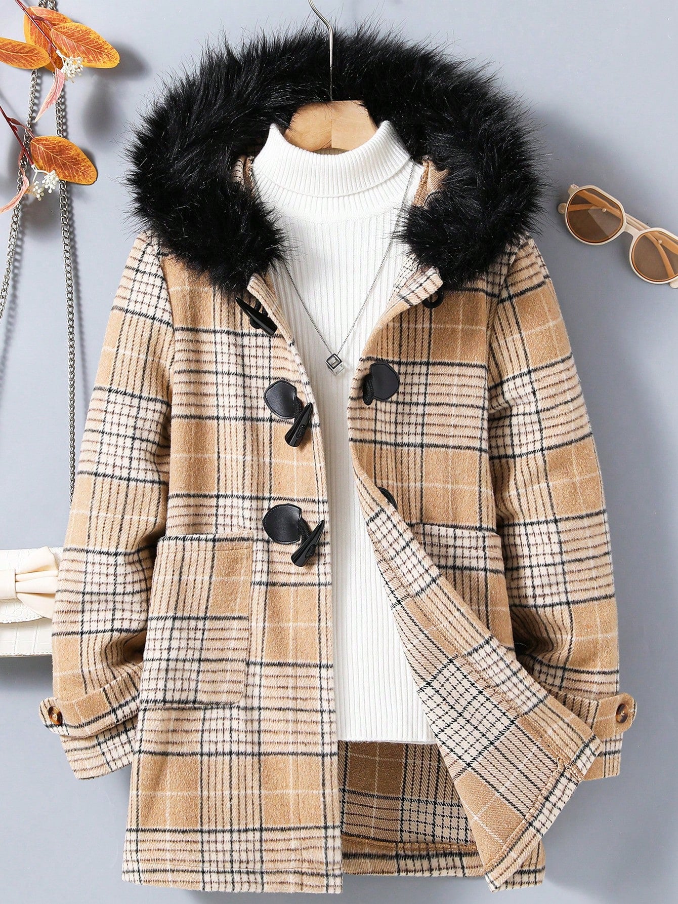 Tween Girl 1pc Plaid Print Fuzzy Trim Hooded Duffle Coat